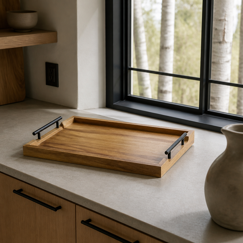 Acacia serving tray on a stone kitchen counter by a window