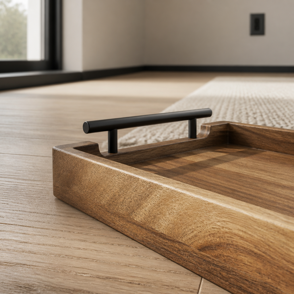 Close detail of the black tubular handle post meeting the acacia rim