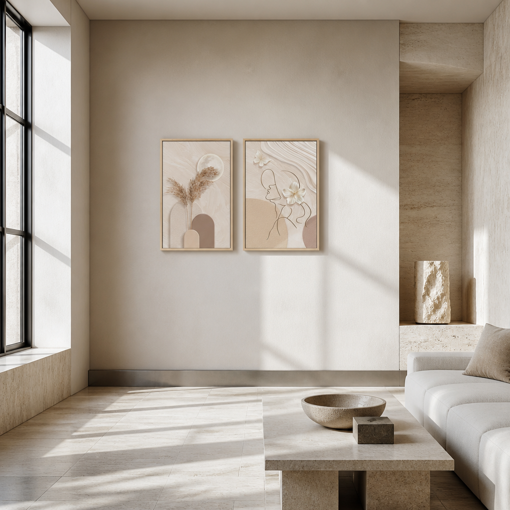 Framed beige abstract art diptych in a travertine gallery room