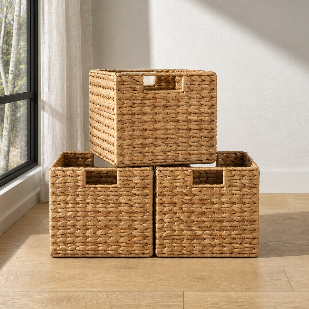 Set of three woven water hyacinth storage cubes on a white oak floor