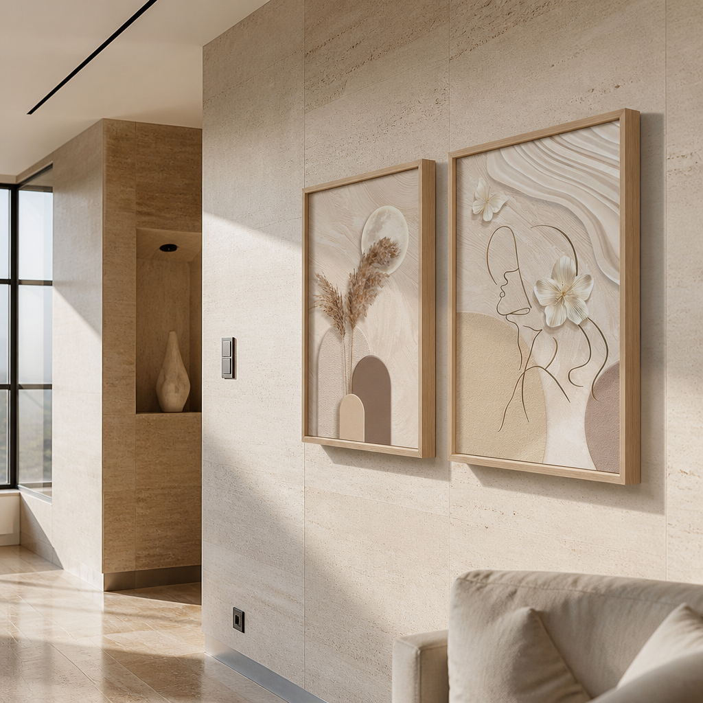Angled view showing the solid wood frame depth of the framed art pair