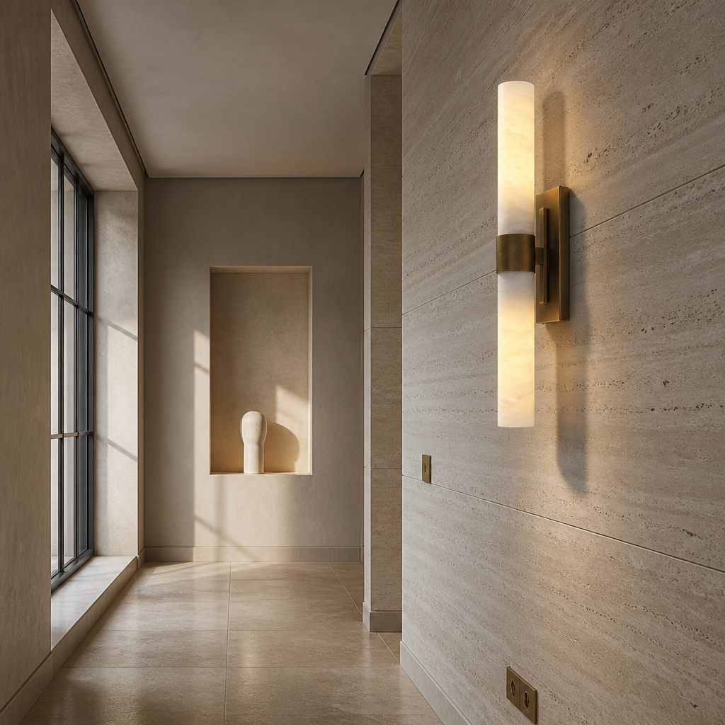 Marble wall sconce seen along a travertine gallery hall