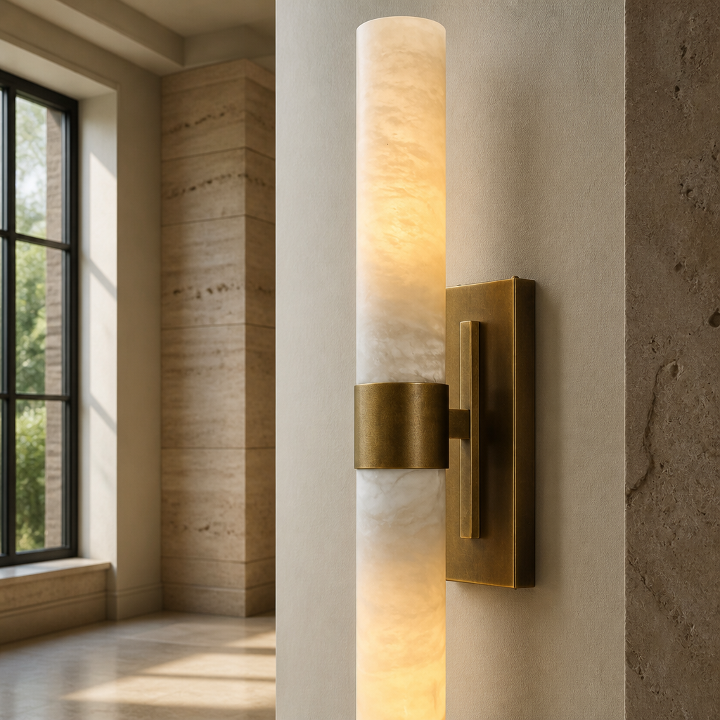 Close detail of the brass collar where the two marble shades meet