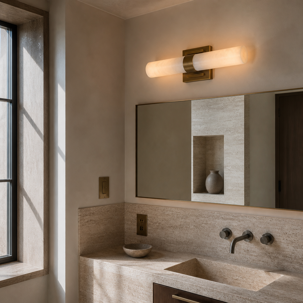 Marble wall sconce mounted horizontally above a vanity mirror