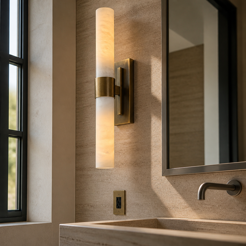 Marble wall sconce mounted vertically beside a mirror in a travertine washroom