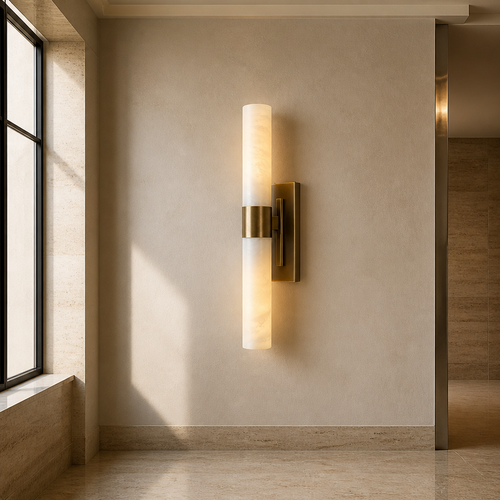 Alabaster marble and antique brass wall sconce, whole fixture on a bone plaster wall