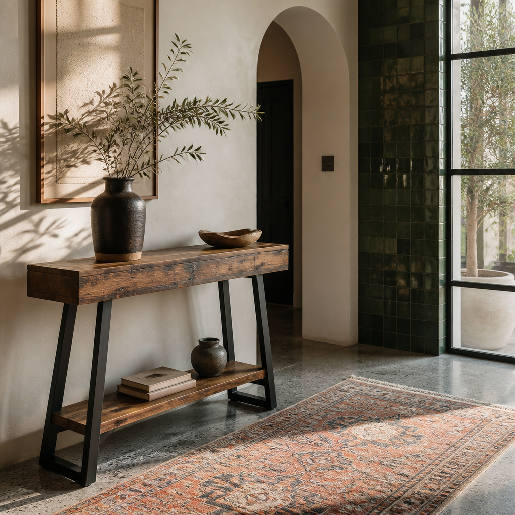 Styled vignette of the rustic console table with hard window light