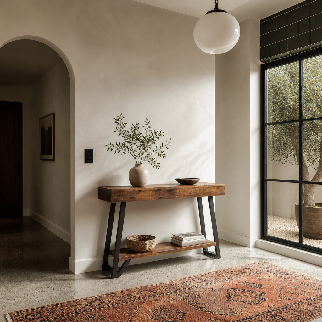Console table in a wide Mediterranean entry with arched opening and olive tree