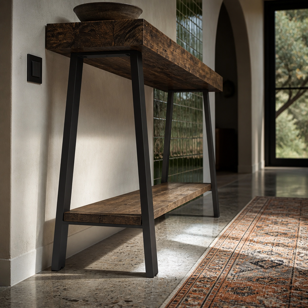 Low view of the black steel trapezoid leg frame and lower shelf of the console