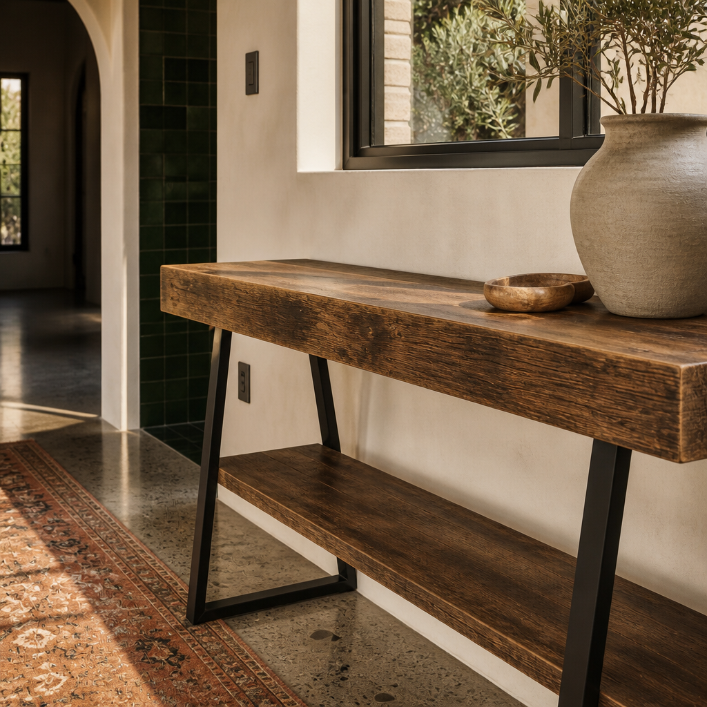 Macro of the thick rustic plank top edge on the console table