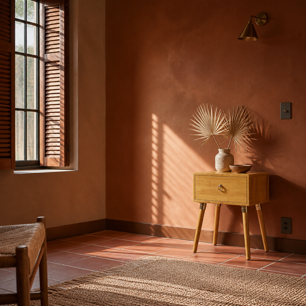 One drawer nightstand seen across a wider terracotta room