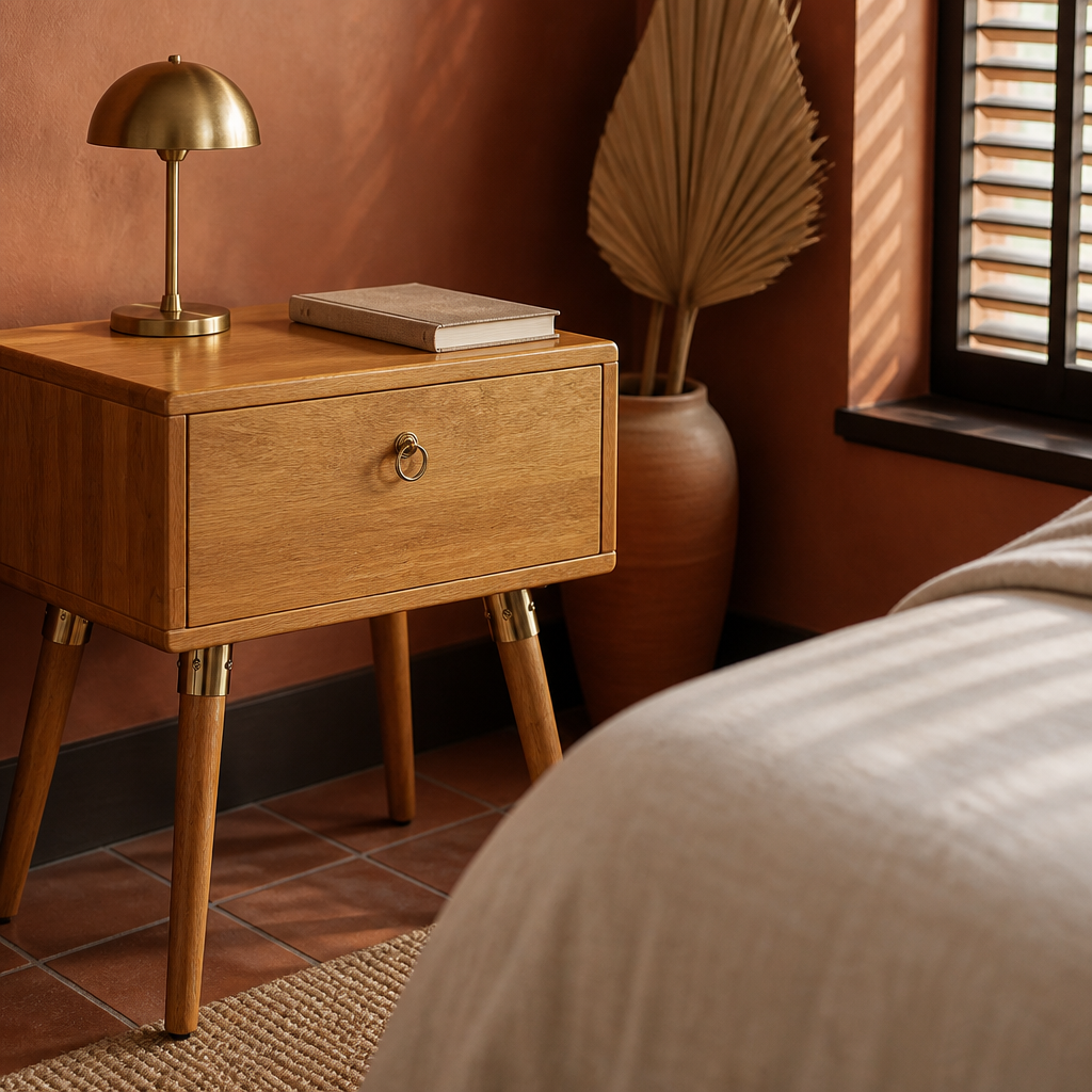 One drawer nightstand beside a low linen dressed bed