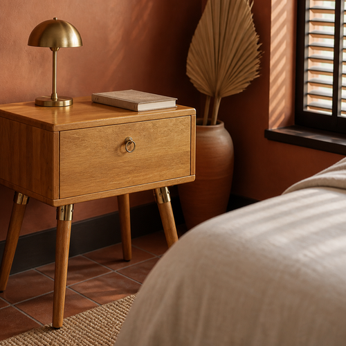 One drawer nightstand beside a low linen dressed bed