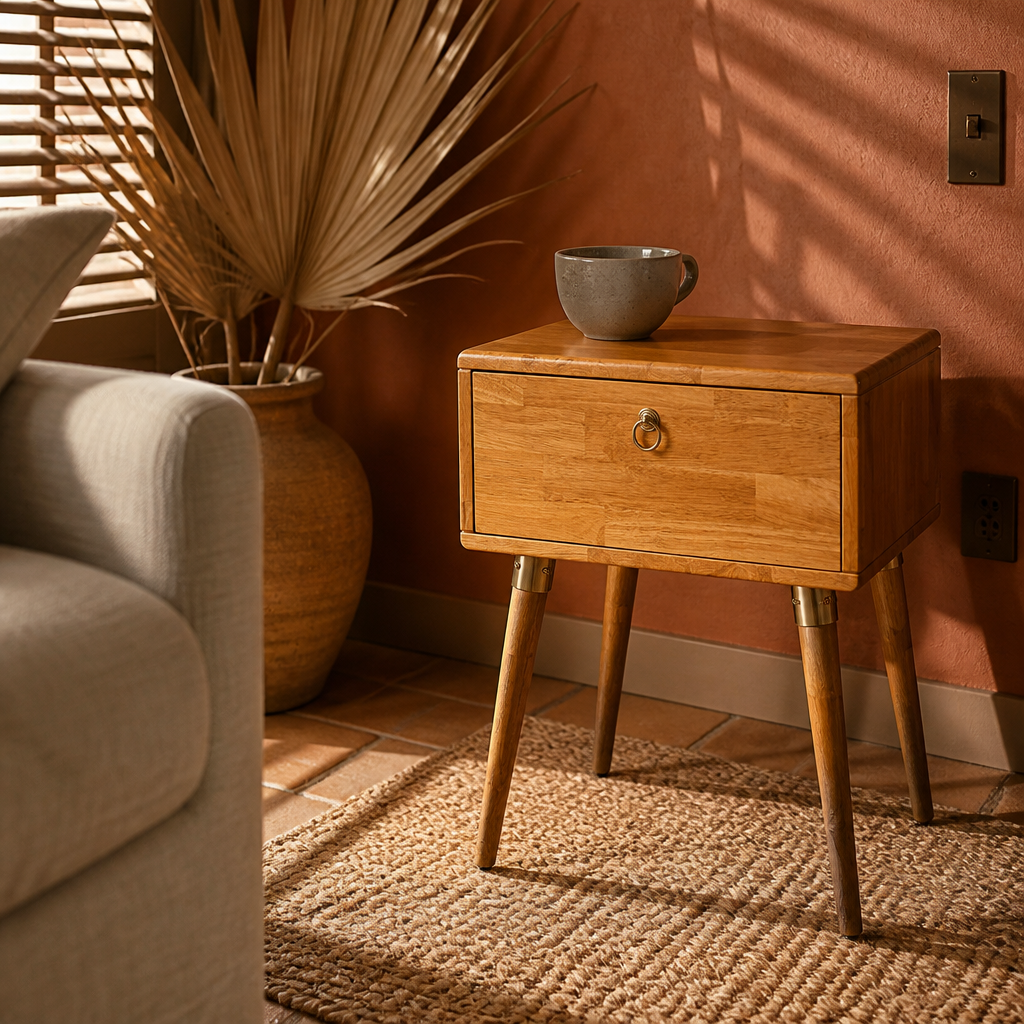 One drawer nightstand used as a side table beside a sofa