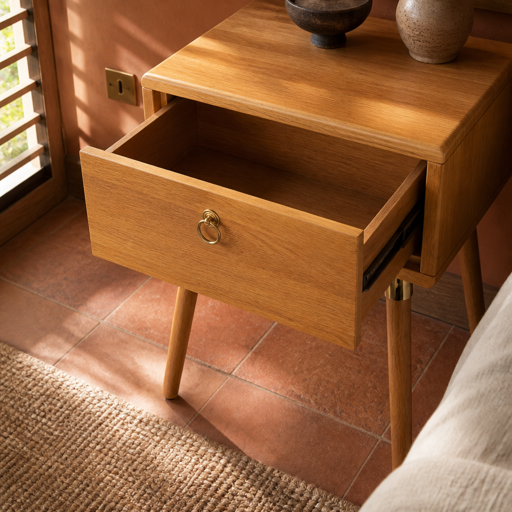 One drawer nightstand with its single drawer pulled open