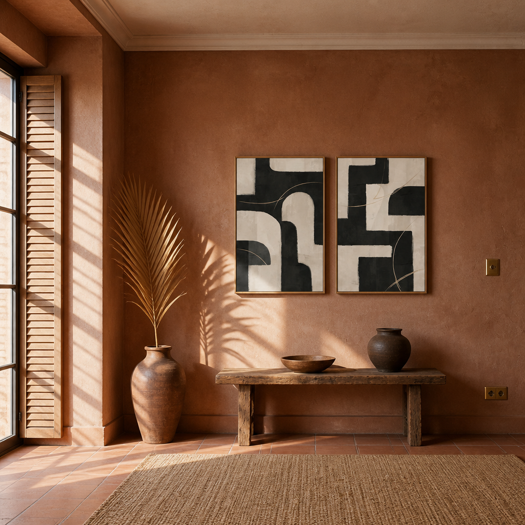 Framed black and beige abstract art diptych in a terracotta room
