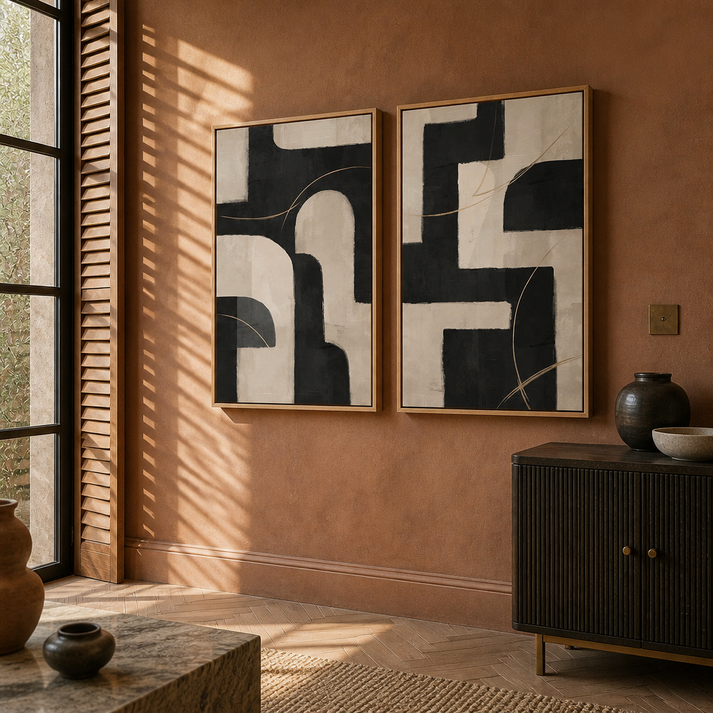 Framed black and beige abstract art diptych above a dark fluted cabinet