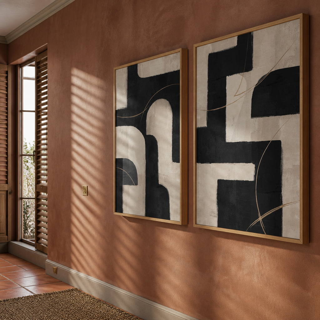 Angled view showing the oak frame depth of the framed art pair