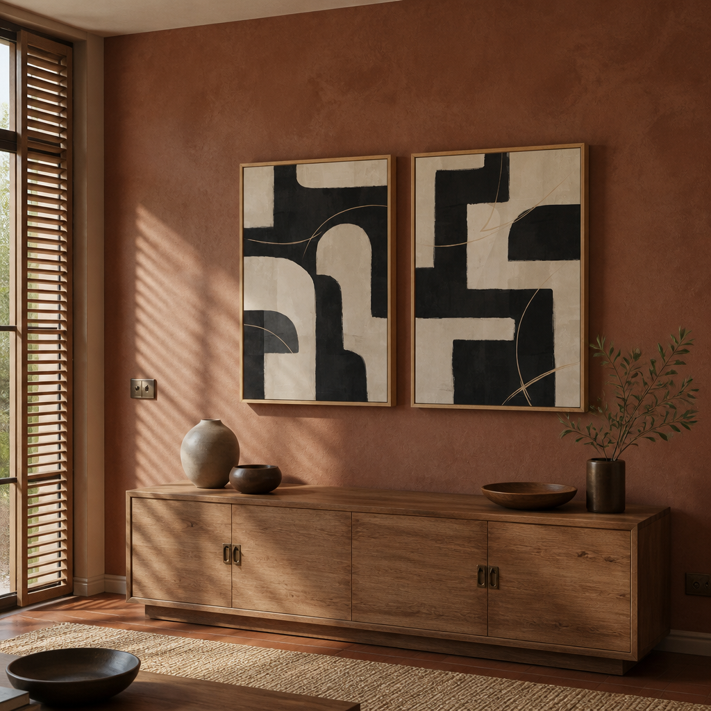 24 by 36 inch framed art diptych above a timber sideboard