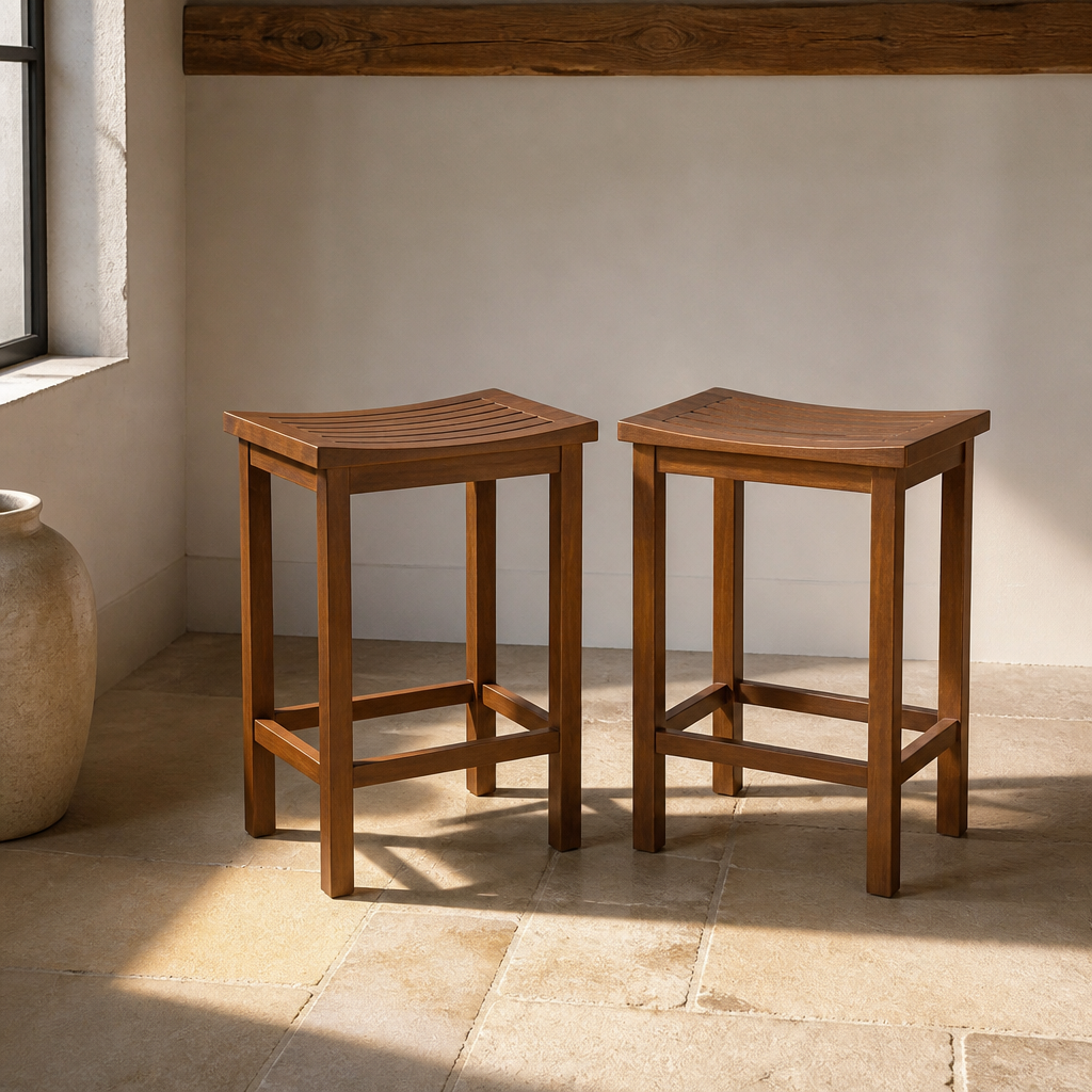 Set of two acacia wood counter height bar stools with saddle scooped slatted seats on a limestone flag floor