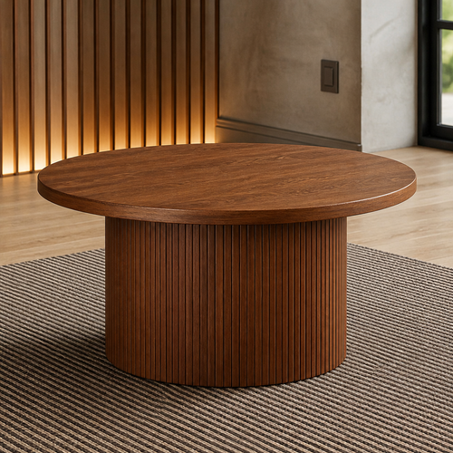 Round walnut fluted-pedestal coffee table, full view in a slat and microcement living room