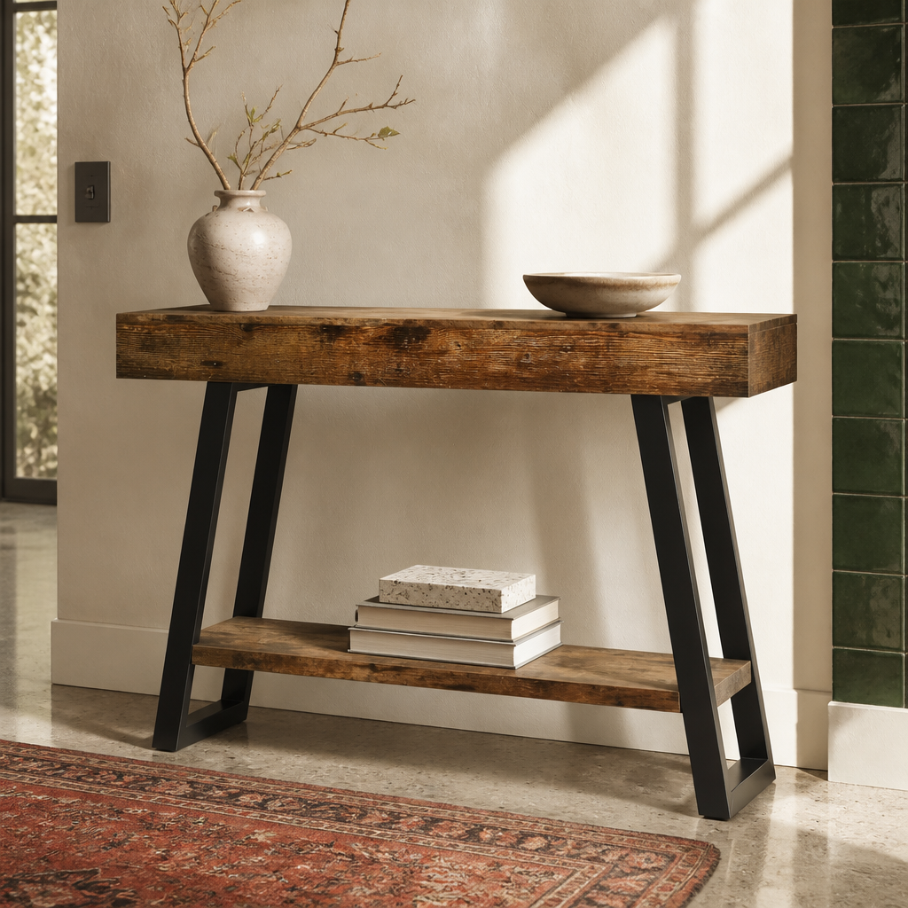 Rustic brown and black steel console table, full view in a Mediterranean hallway