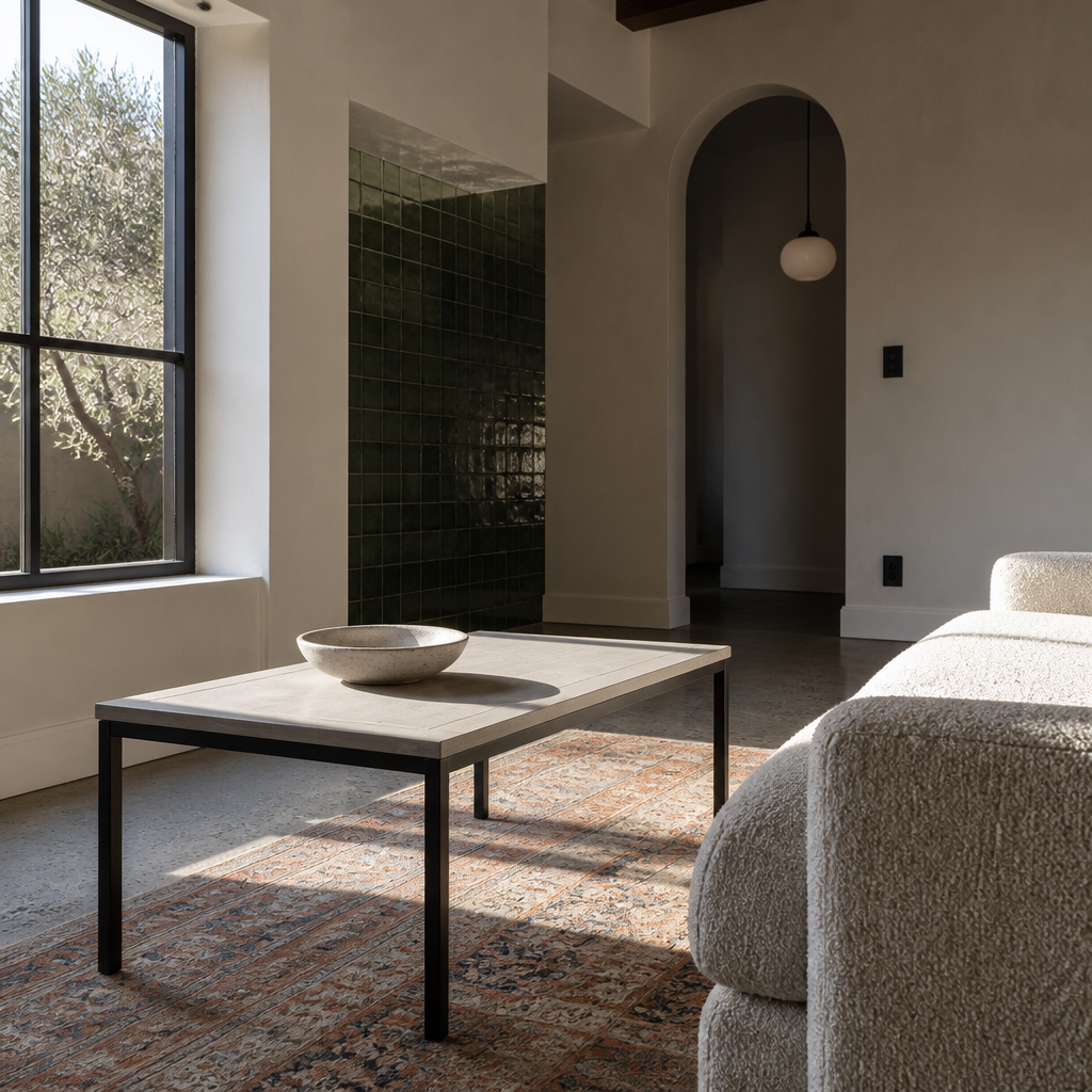 Ash grey coffee table styled with a ceramic bowl in front of a boucle sofa on a persian runner