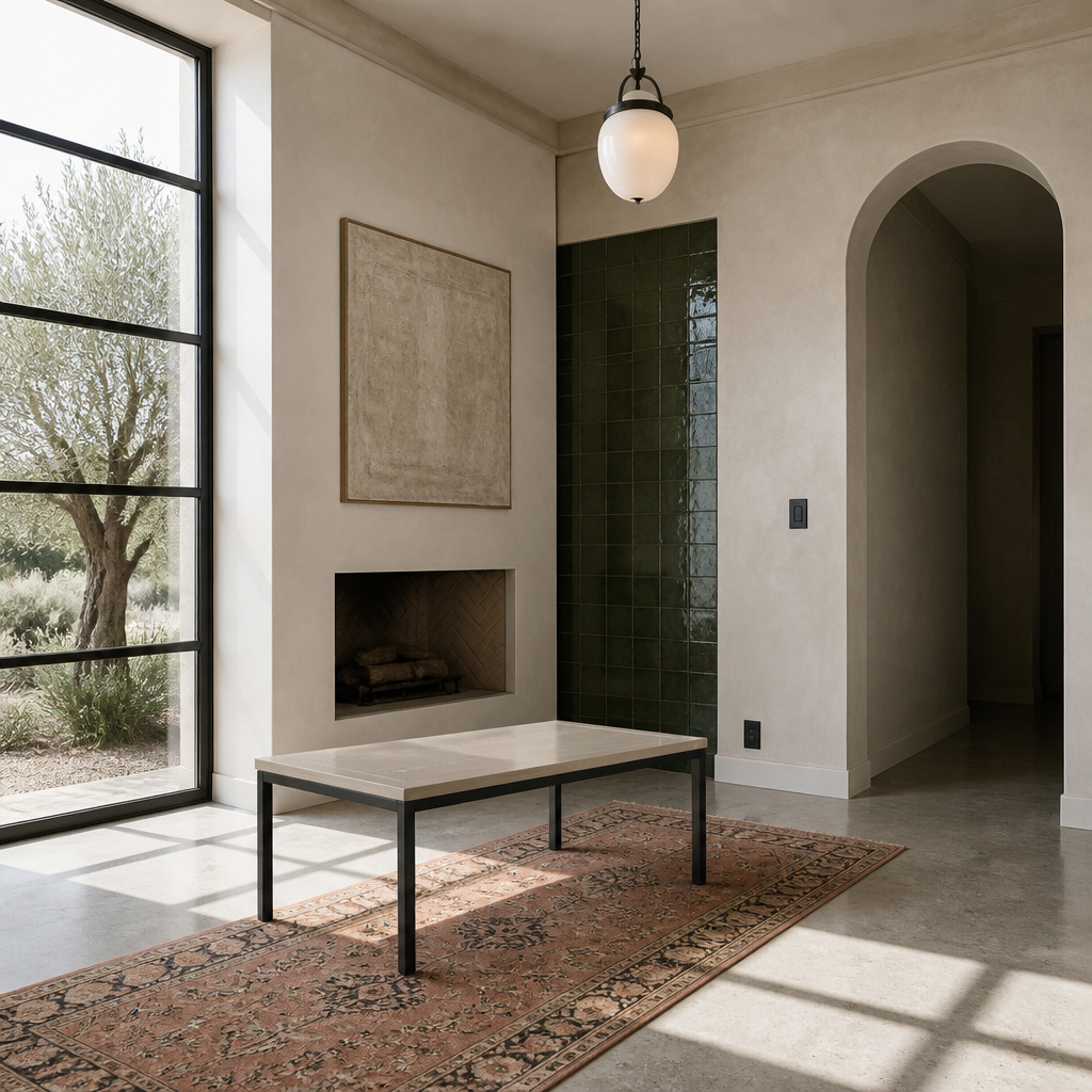 American coffee table in a Mediterranean living room with green zellige tile and an arched opening