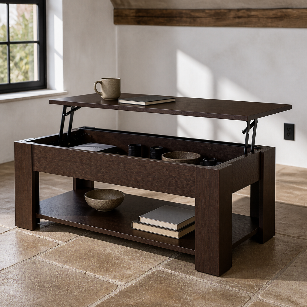 Espresso lift-top coffee table with the top raised, full view in a chalk and limestone room