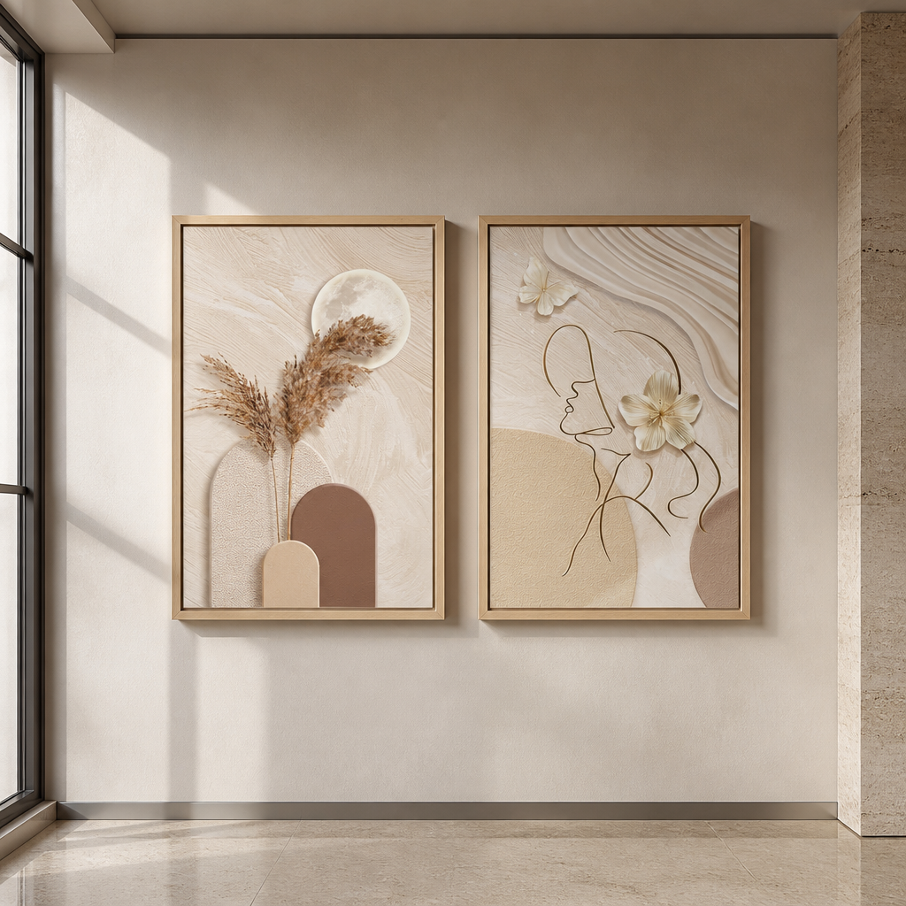 Pair of 20 by 30 inch framed beige abstract art prints on a bone plaster wall