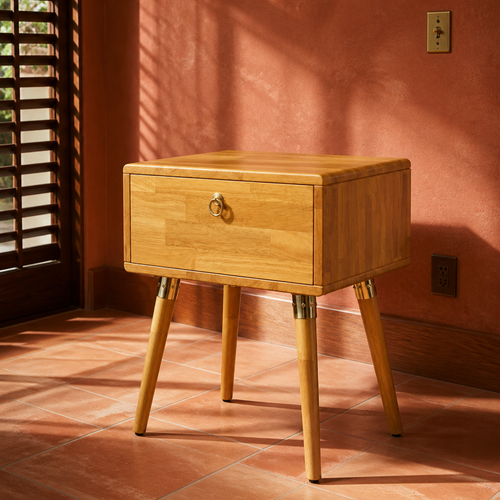 Mid century one drawer nightstand in natural rubber wood, whole piece in frame