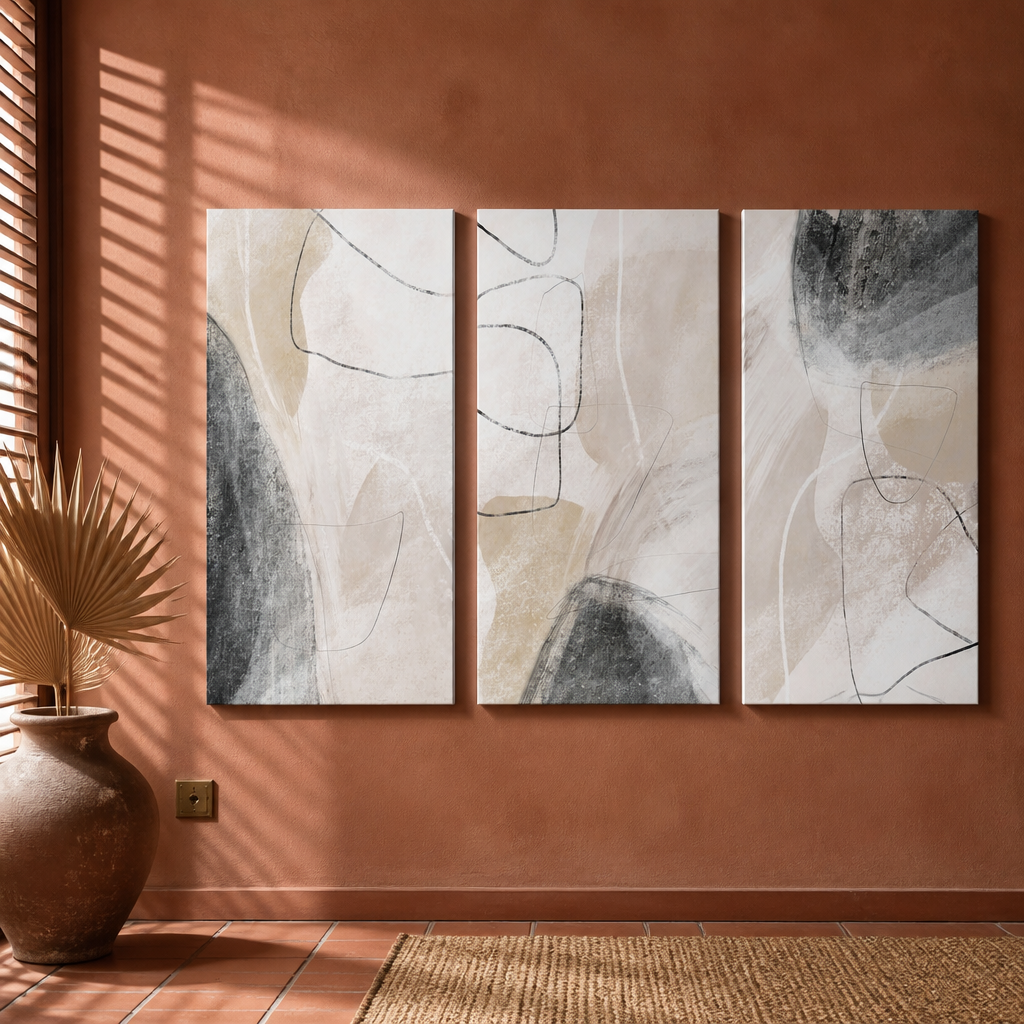 Abstract boho wall art, set of three 16 by 24 inch framed canvas panels on a clay plaster wall