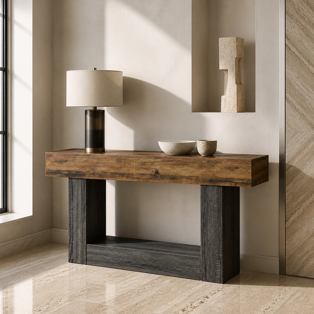 63 inch farmhouse console table with thick rustic brown top and charcoal slab legs