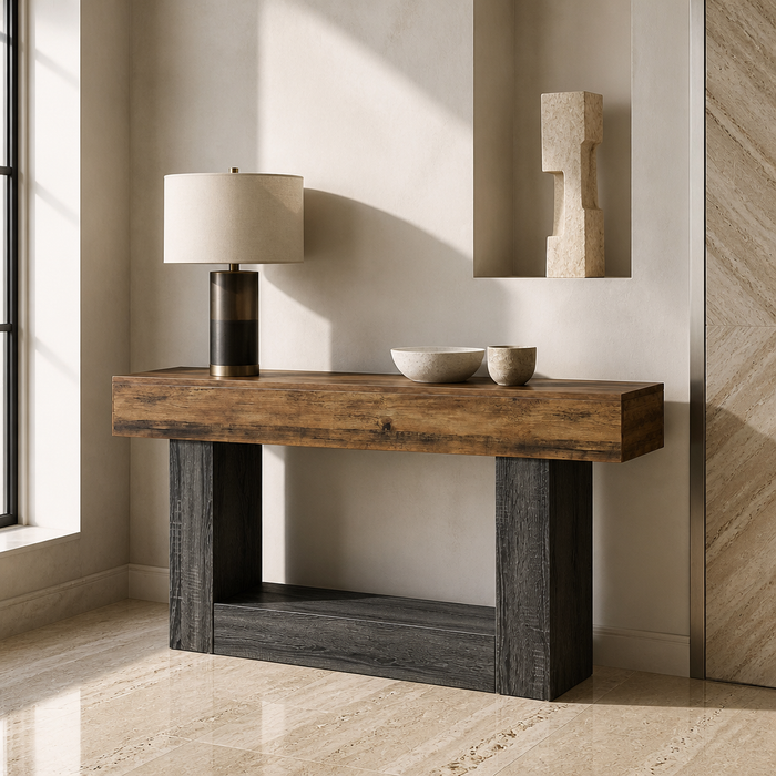 63 inch farmhouse console table with thick rustic brown top and charcoal slab legs