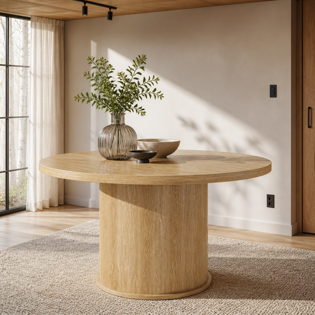 43 inch round pedestal dining table in natural oak, shown in a bright Nordic dining room