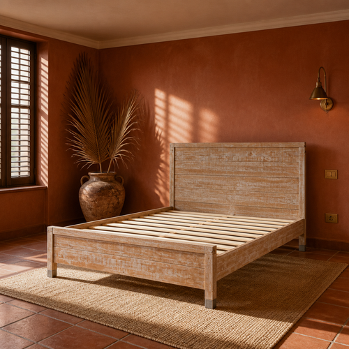 Baja solid wood bed frame styled in a terracotta bedroom