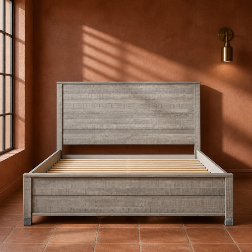 Baja solid wood bed frame in whitewashed finish, headboard and footboard, close portrait