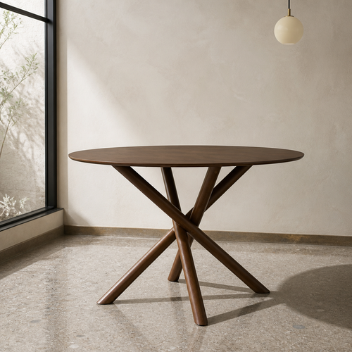 Arnott round walnut dining table, three-quarter product portrait against warm bone lime plaster