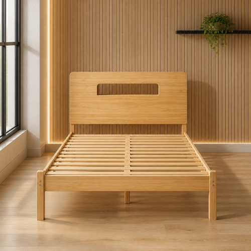 Bamboo bed frame with storage headboard cubby, close portrait
