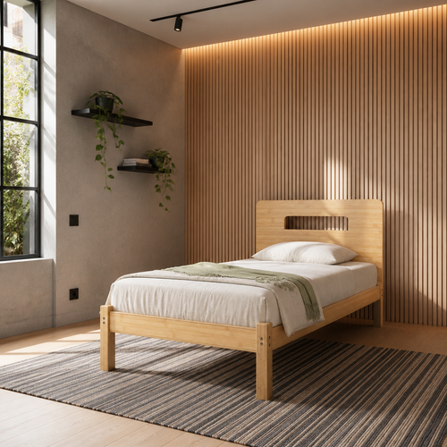 Bamboo bed frame styled in a slat wall and microcement bedroom
