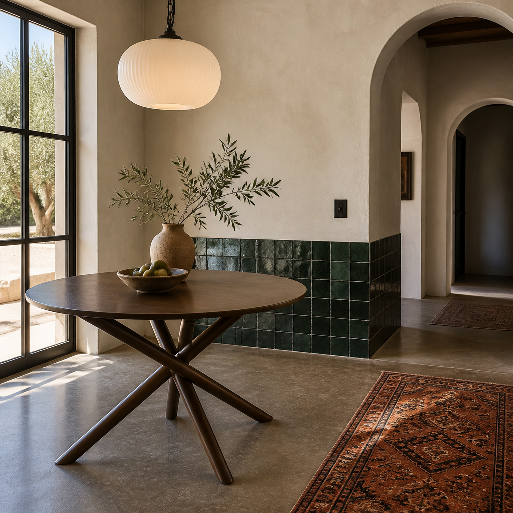 Arnott round walnut dining table in a Mediterranean dining room with zellige tile and an olive tree beyond