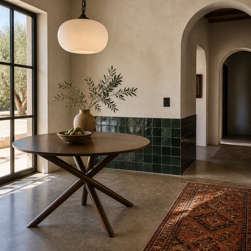 Arnott round walnut dining table in a Mediterranean dining room with zellige tile and an olive tree beyond