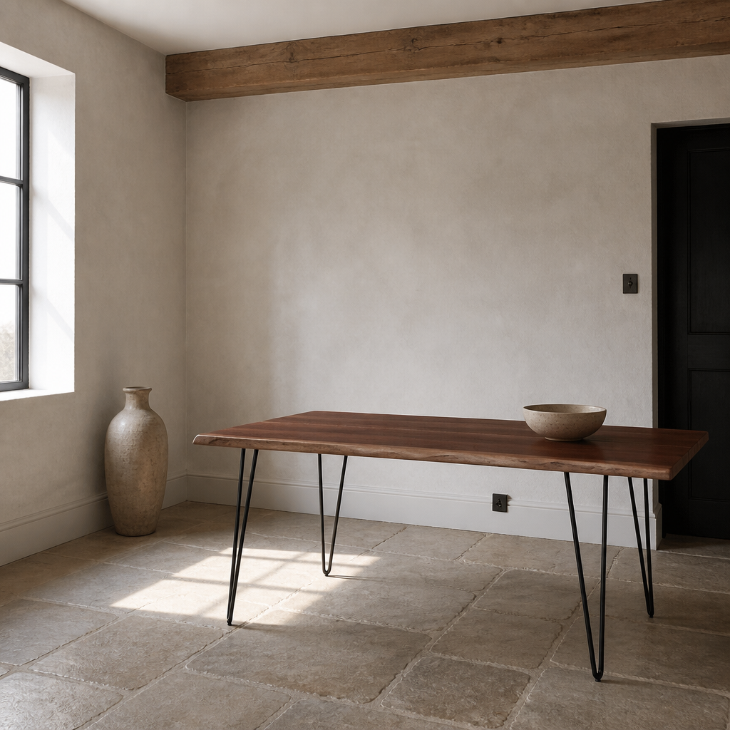 Ardor walnut live-edge dining table set in a chalk-white limewash dining room with limestone flag floor