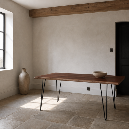 Ardor walnut live-edge dining table set in a chalk-white limewash dining room with limestone flag floor