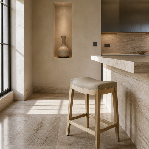Backless linen saddle stool at a travertine counter in a gallery kitchen