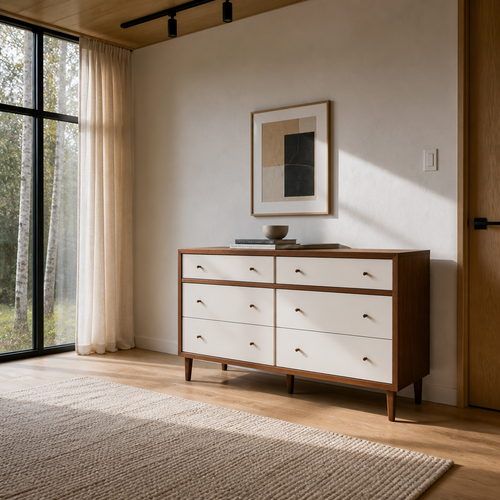 Walnut and white six-drawer dresser in a Nordic oak interior with an oatmeal wool rug and black steel glazing