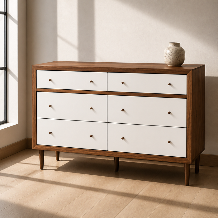 Mid-century six-drawer dresser in walnut with matte white drawer fronts, close portrait against a warm white plaster wall on a white oak floor
