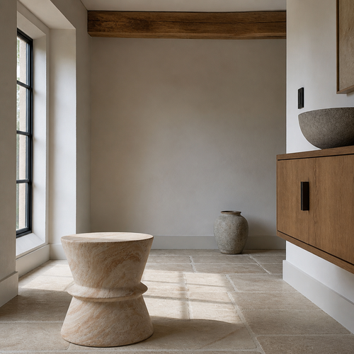 Travertine look side table in a chalk white lime wash room with a limestone flag floor