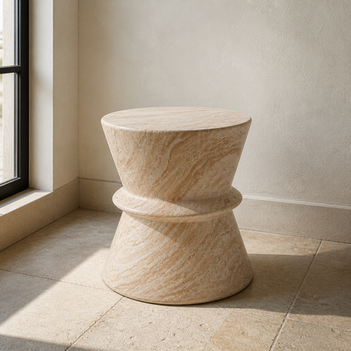 Cream travertine look drum side table, 15.5 inch top, 18 inches tall, on a limestone floor