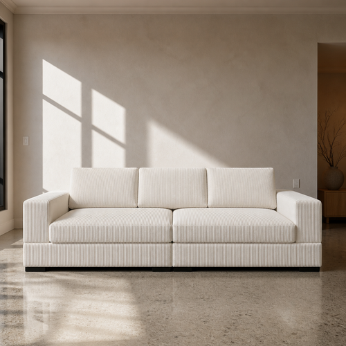 Oversized ivory wide wale corduroy modular sofa with wide flat track arms on a dark plinth